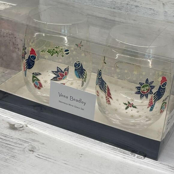 NEW Vera Bradley Holiday Owls Stemless Wine Glasses Set of 2 16oz. - Picture 3 of 7